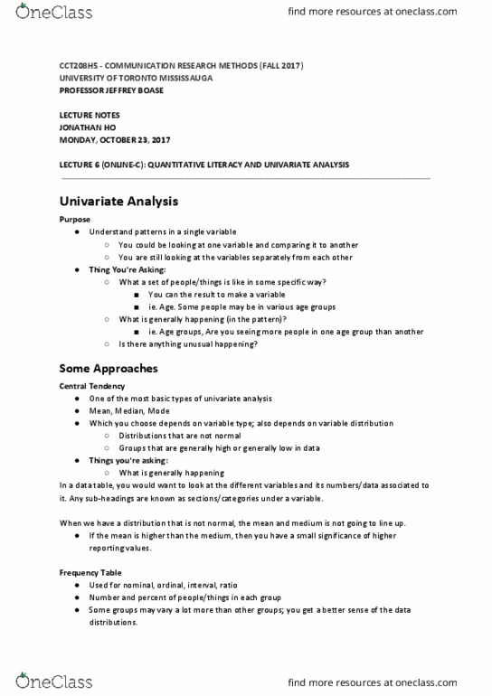 CCT208H5 Lecture Notes - Lecture 6: Univariate, Univariate Analysis, University Of Toronto Mississauga thumbnail