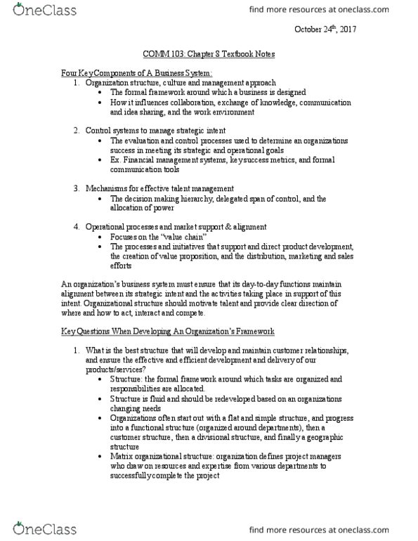 COMM 103 Chapter Notes - Chapter 8: Management System, Departmentalization thumbnail