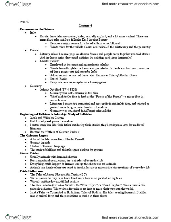 GER 1502 Lecture Notes - Lecture 4: Jataka Tales, Wilhelm Grimm, Panchatantra thumbnail