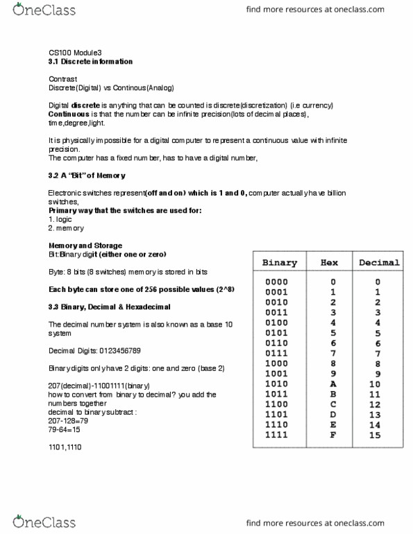 CS100 Lecture Notes - Lecture 3: Binary Number, Hexadecimal, Extended Ascii thumbnail