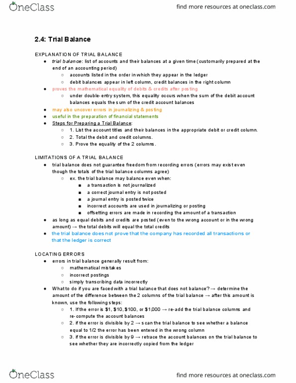 MGMT 1A Chapter Notes - Chapter 2.4: Trial Balance, Financial Statement thumbnail