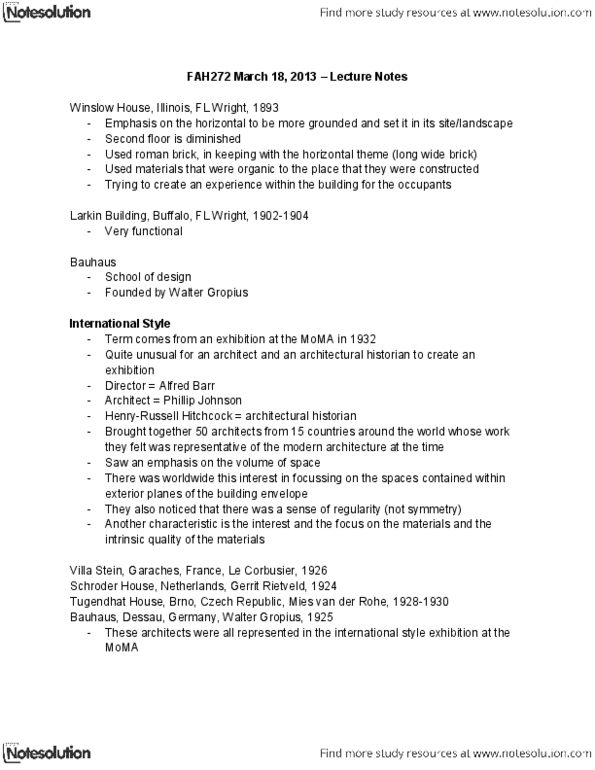 FAH101H1 Lecture Notes - Ludwig Mies Van Der Rohe, Gerrit Rietveld, Weissenhof Estate thumbnail