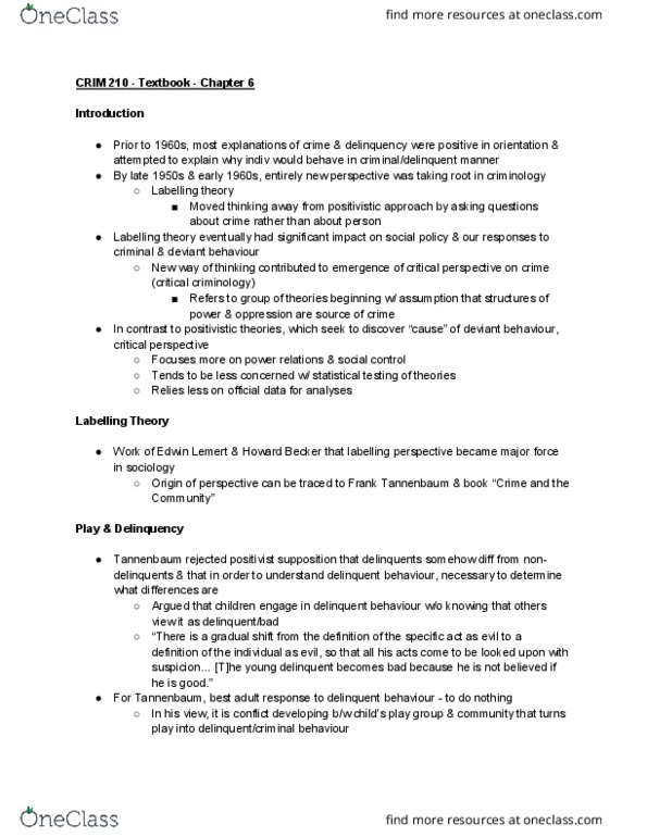 CRIM 210 Chapter Notes - Chapter 6: Social Control Theory, Social Order, Less Than Perfect thumbnail