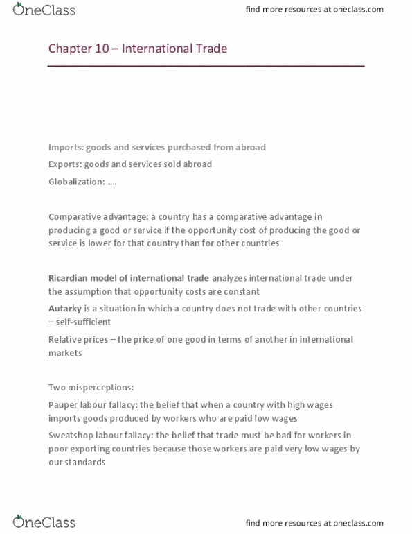 ECN 104 Chapter Notes - Chapter 10: Opportunity Cost, Sweatshop, International Trade thumbnail