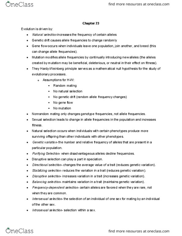 BIOL 220 Chapter Notes - Chapter 23: Natural Selection, Null Hypothesis, Genotype Frequency thumbnail