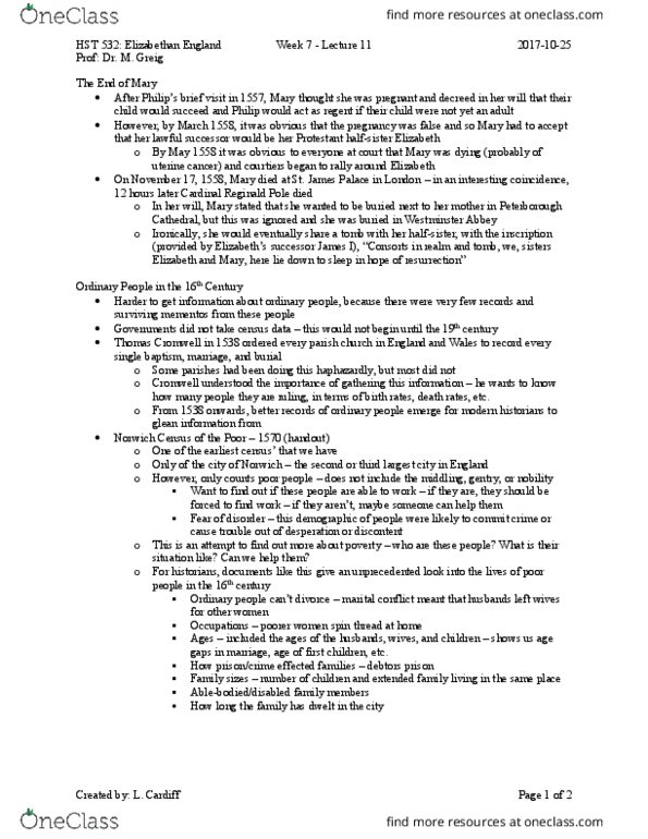 HST 532 Lecture Notes - Lecture 11: Reginald Pole, Nuclear Family, Elizabethan Era thumbnail