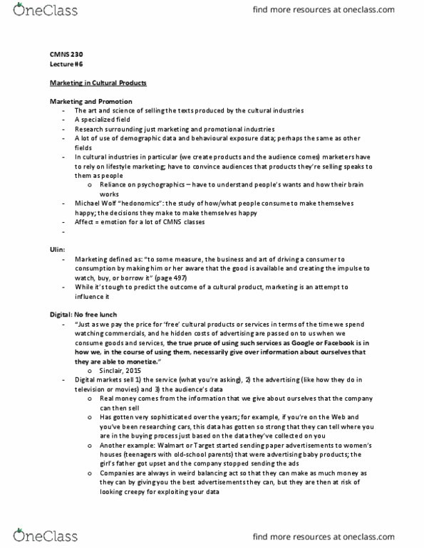 CMNS 230 Lecture Notes - Lecture 6: Relationship Marketing, Marginal Cost, Product Placement thumbnail