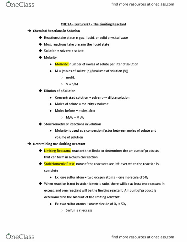 CHE 2A Lecture Notes - Lecture 7: Molar Concentration, Reagent, Limiting Reagent thumbnail