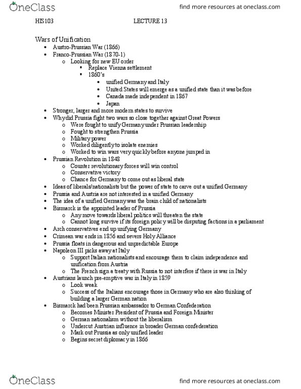 HIS103Y1 Lecture Notes - Lecture 13: Holy Alliance, Preemptive War, Needle Gun thumbnail