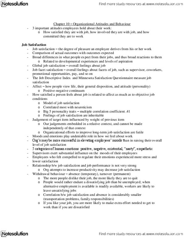 Psychology 2660A/B Chapter Notes - Chapter 10: Job Satisfaction, Organizational Justice, Organizational Commitment thumbnail