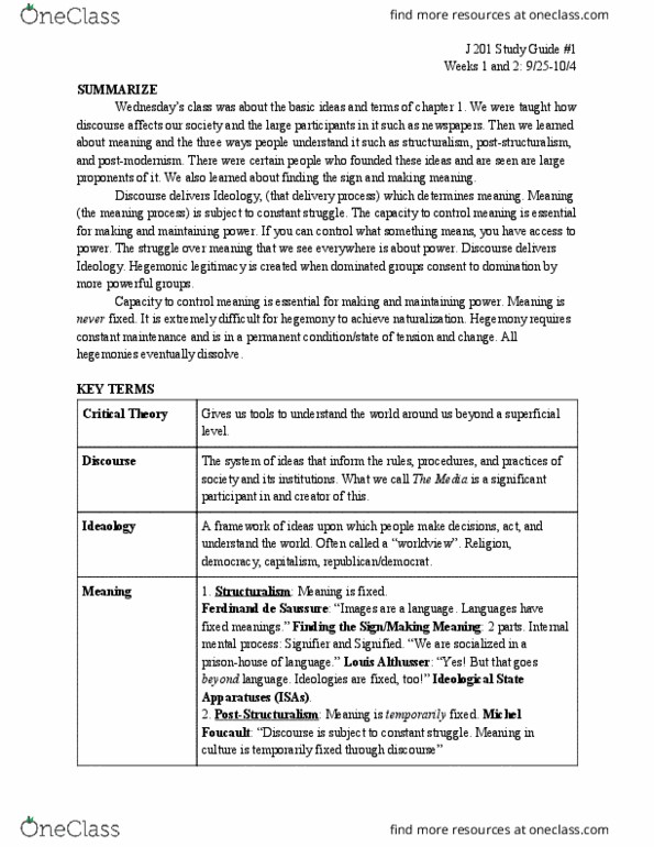 J 201 Lecture Notes - Lecture 1: Post-Structuralism, Michel Foucault, Louis Althusser thumbnail