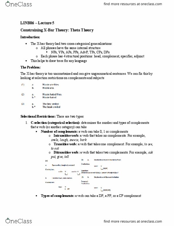 LINB06H3 Lecture Notes - Lecture 5: Projection Principle, Lexical Item, Subcategorization thumbnail