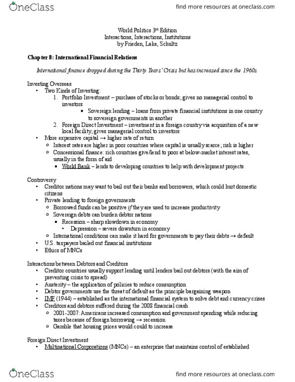 POLS 1301 Chapter Notes - Chapter 8: Foreign Direct Investment, Bilateral Investment Treaty, Currency Crisis thumbnail