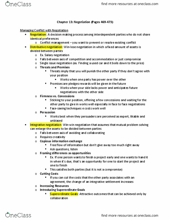 BU288 Chapter Notes - Chapter 13: Absenteeism, Conflict Management, Negotiation thumbnail
