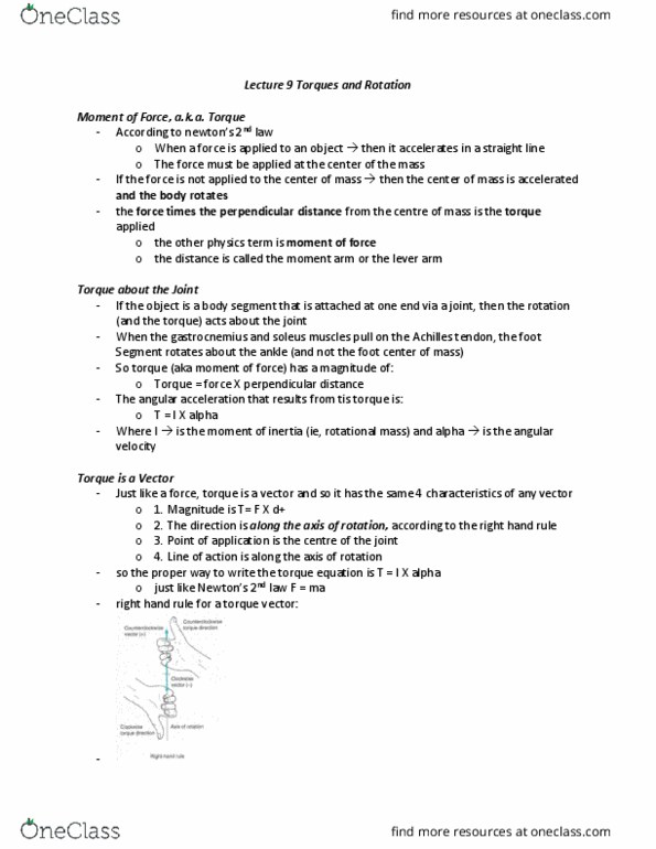 Kinesiology 2241A/B Lecture Notes - Lecture 9: Soleus Muscle, Angular Velocity, Angular Acceleration thumbnail