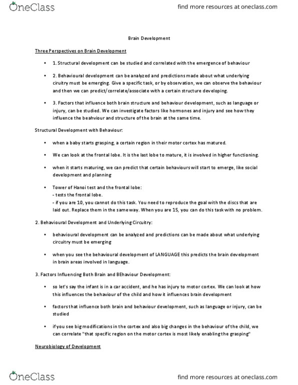 PSY 2301 Lecture Notes - Lecture 9: Growth Factor, Astrocyte, Frontal Lobe thumbnail