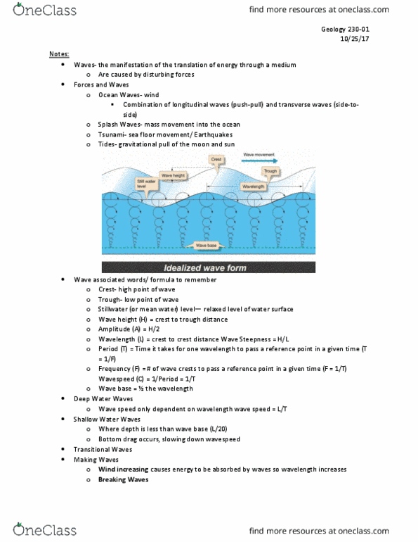 GEOLOGY 230 Lecture Notes - Lecture 26: Wave Height, Wave Base thumbnail