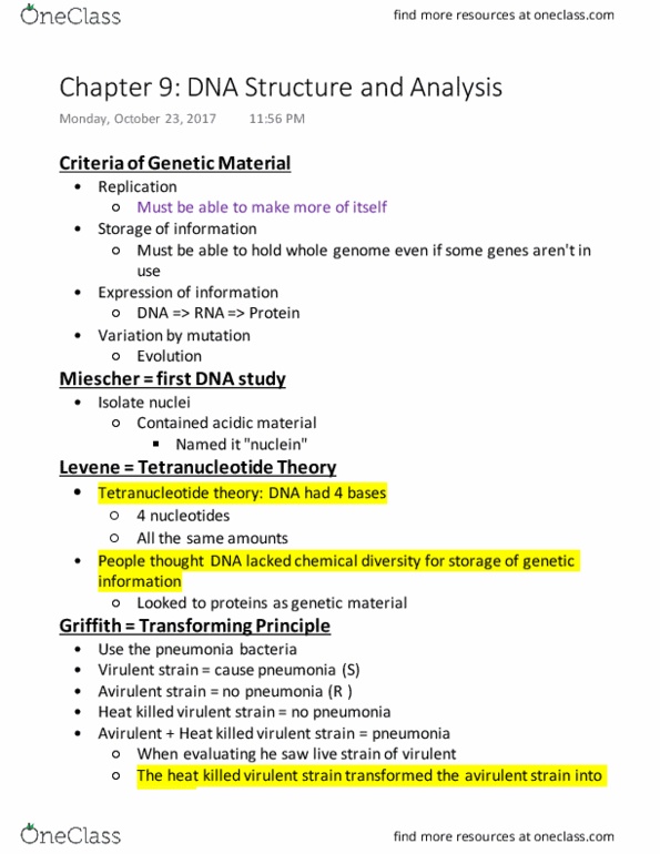 GEN-3000 Chapter Notes - Chapter 9: Dna Extraction, Cytosine, Nitrogenous Base thumbnail