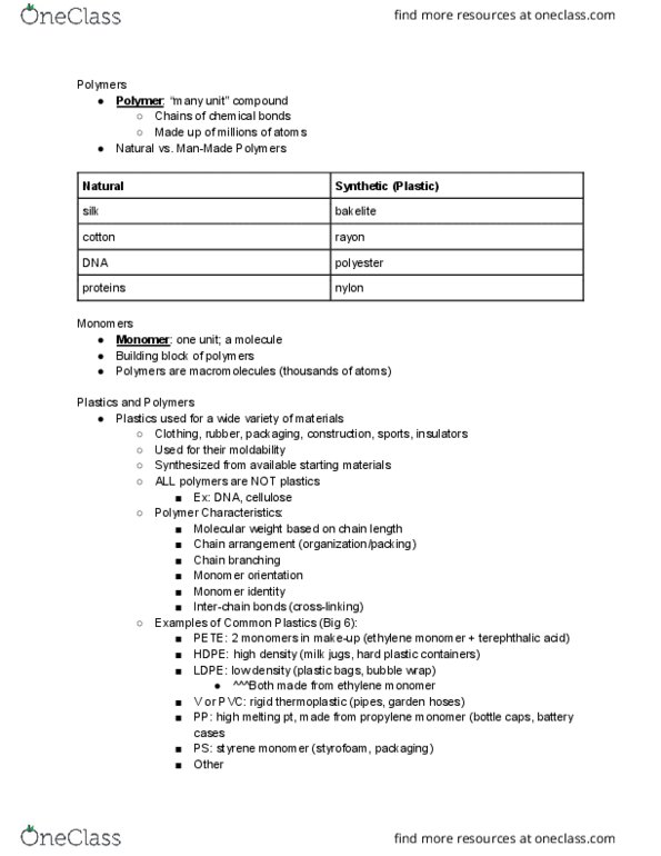 CHEM 1100 Lecture Notes - Lecture 14: Bakelite, Bubble Wrap, Styrene thumbnail