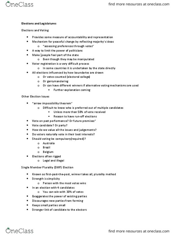 POS 100 Lecture Notes - Lecture 10: Debate Chamber, Bicameralism, Two-Round System thumbnail