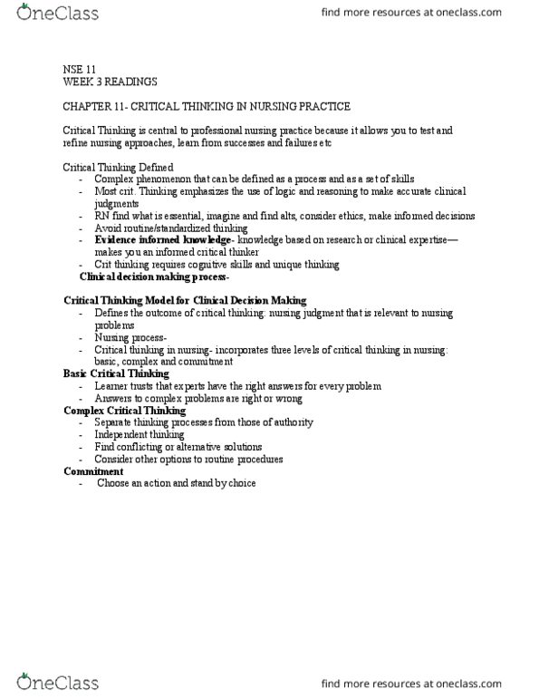 NSE 11A/B Lecture Notes - Lecture 2: Critical Thinking, Nursing Process thumbnail