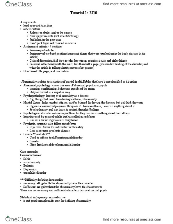 Psychology 2310A/B Lecture Notes - Lecture 1: Abnormal Psychology, Learned Helplessness, Normal Distribution thumbnail