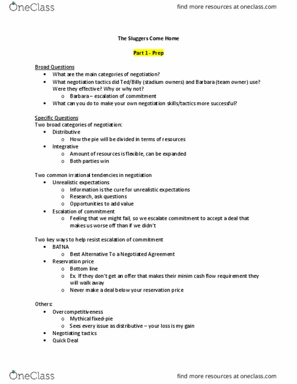 BU288 Lecture Notes - Lecture 11: Best Alternative To A Negotiated Agreement, Cash Flow, Reservation Price thumbnail