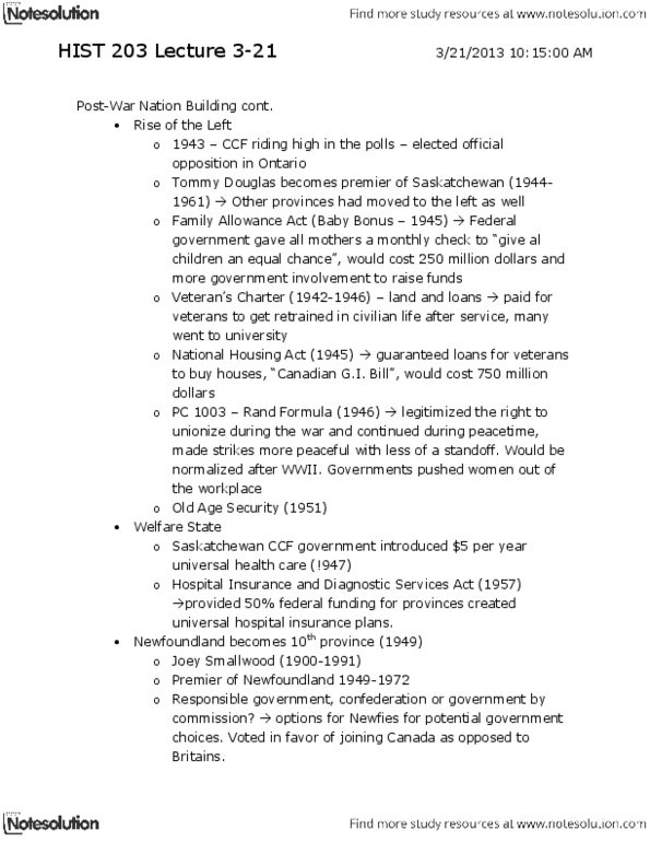 HIST 203 Lecture Notes - Lecture 3: Joey Smallwood, Old Age Security, Rand Formula thumbnail