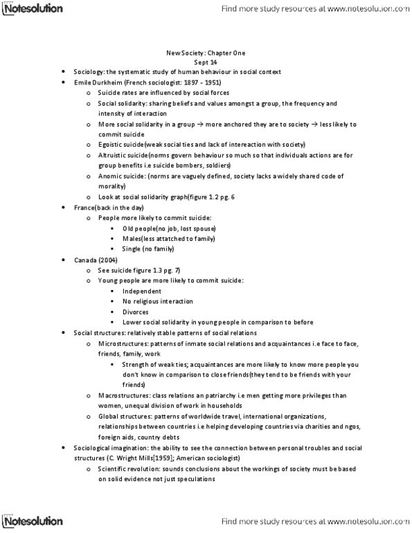 SOCIOL 1A06 Chapter Notes - Chapter 1: Altruistic Suicide, Solidarity, Social Forces thumbnail