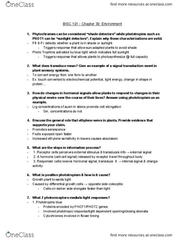 BISC 101 Chapter Notes - Chapter 39: Phytochrome, Signal Transduction, Photosynthesis thumbnail