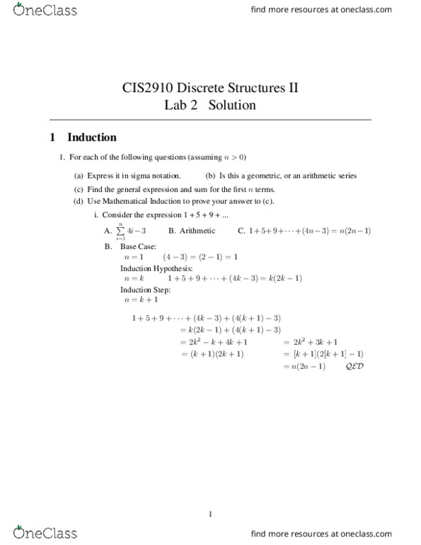 CIS 2910 Lecture Notes - Lecture 2: Arithmetic Progression, Summation, Mathematical Induction thumbnail