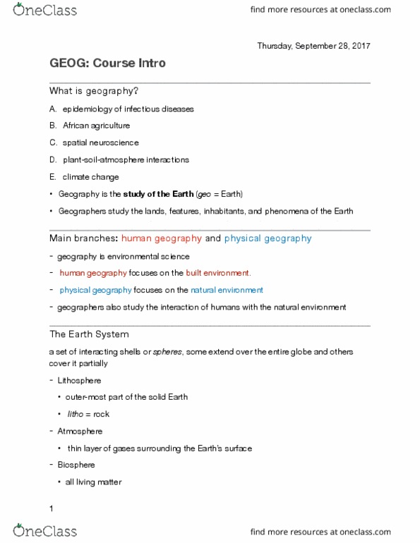 GEOG 3 Lecture Notes - Lecture 1: Lithosphere, Human Geography, Hydrosphere thumbnail