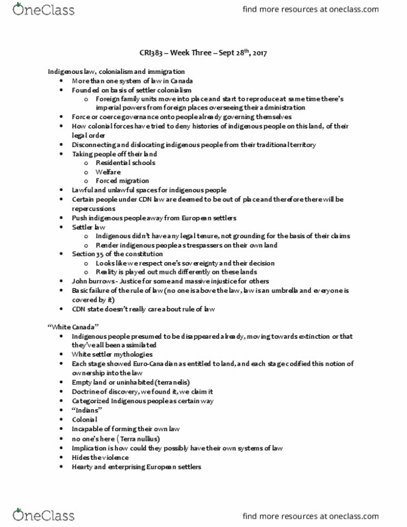 CRI383H1 Lecture Notes - Lecture 3: Forced Migration, Terra Nullius, Time Immemorial thumbnail