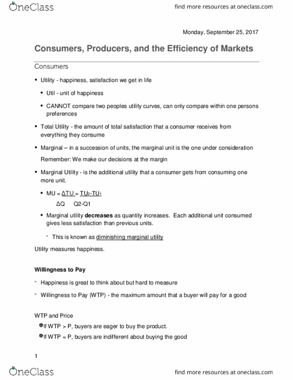 ECON 22060 Lecture Notes - Lecture 6: Economic Surplus, Marginal Utility thumbnail