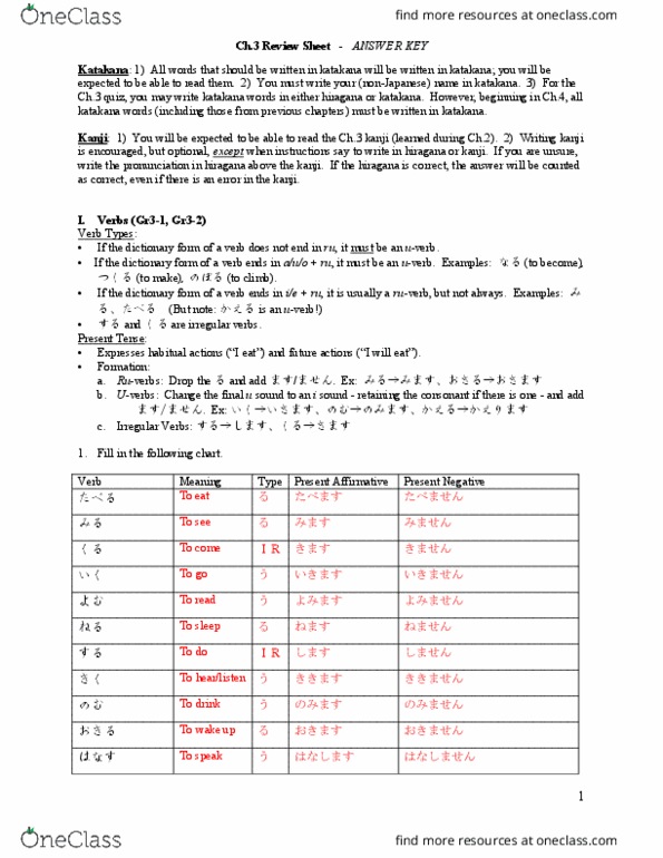 Jpn 101 Study Guide Fall 2017 Quiz Hiragana Preposition And Postposition Katakana
