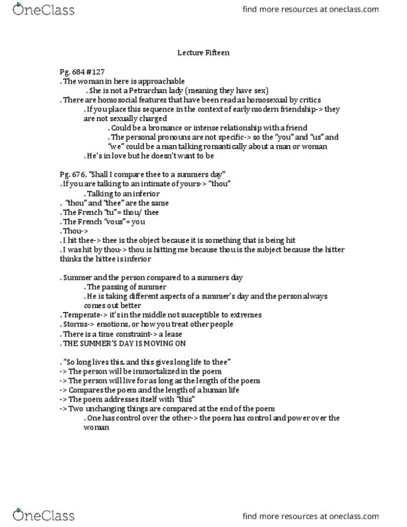ENGLISH 3R06 Lecture Notes - Lecture 15: Petrarchan Sonnet, Bromance, Homosociality thumbnail