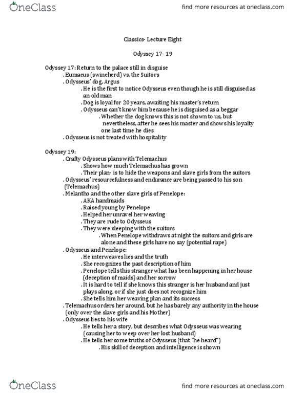 PHILOS 1B03 Lecture Notes - Lecture 8: Goatherd, Odysseus, Eurycleia thumbnail