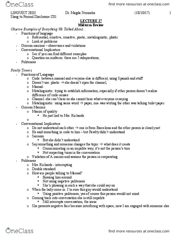 LINGUIST 2E03 Lecture Notes - Lecture 17: Double Standard, Fawlty Towers, Implicature thumbnail