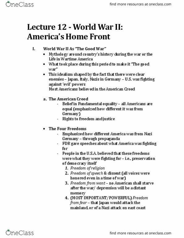 HIST 2112 Lecture Notes - Lecture 12: Japanese Americans, Korematsu V. United States, Jim Crow Laws thumbnail