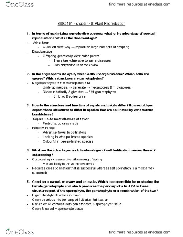 BISC 101 Chapter Notes - Chapter 40: Pollen Tube, Ovule, Fruit Anatomy thumbnail