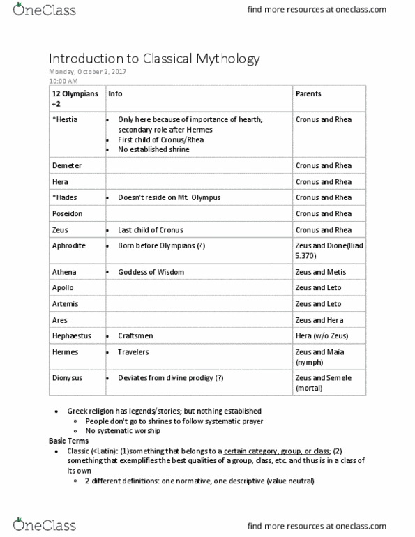 CLASSIC 45A Lecture Notes - Lecture 1: Cronus, Iliad, Aeneid thumbnail