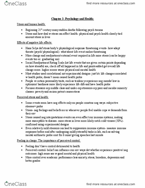 Psychology 2990A/B Chapter Notes - Chapter 3: Hans Selye, Complex Number, Perceived Control thumbnail