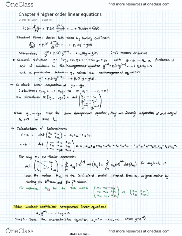 MATH334 Lecture 5: MATH 334 Higher Order Linear Differential Equations thumbnail