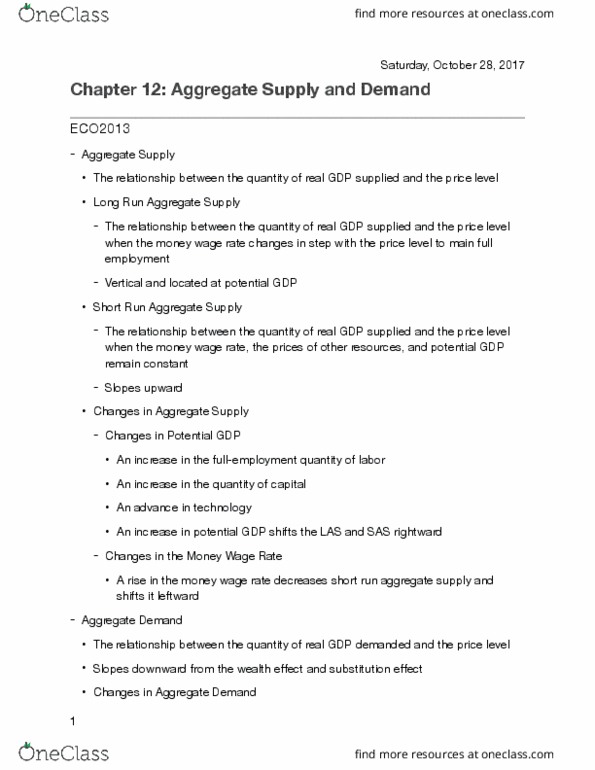 ECO 2013 Chapter Notes - Chapter 12: Aggregate Supply, Aggregate Demand, Potential Output thumbnail
