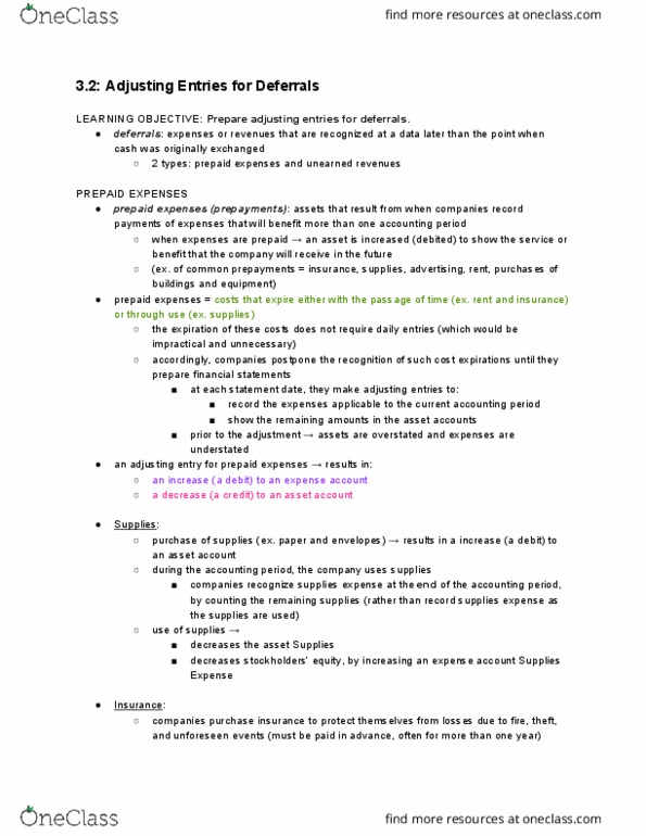 MGMT 1A Chapter Notes - Chapter 3.2: Deferral, Financial Statement, Accounting Equation thumbnail