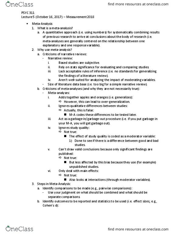 PSYC 311 Lecture Notes - Lecture 5: Weighted Arithmetic Mean, Meta-Analysis, Design Of Experiments thumbnail