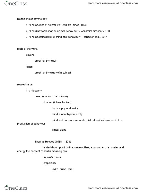 PSYC 100 Lecture Notes - Lecture 1: Pineal Gland, Monism, Behaviorism thumbnail