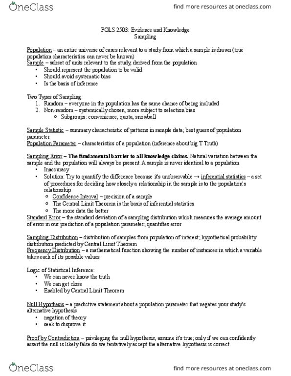 POLS 2503 Lecture Notes - Lecture 12: Central Limit Theorem, Statistical Inference, Statistical Parameter thumbnail