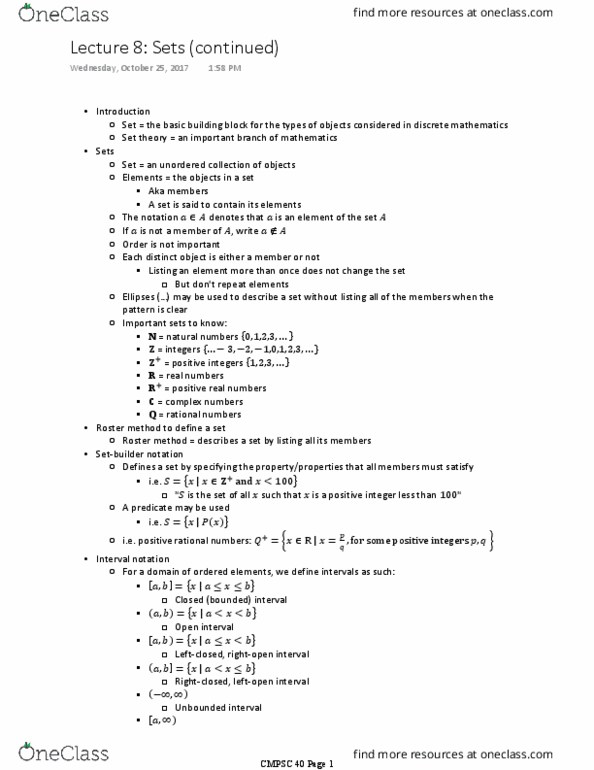 CMPSC 40 Lecture Notes - Lecture 8: Set-Builder Notation, Empty Set, Universal Set thumbnail