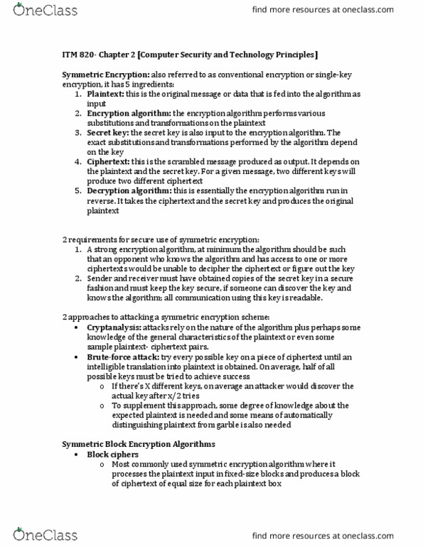 ITM 207 Chapter Notes - Chapter 2: Symmetric-Key Algorithm, Public-Key Cryptography, Ciphertext thumbnail